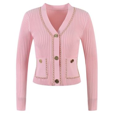 Knitting Stretchy Cardigan with Pockets-Pink-M-China