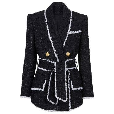 Classic Tweed Waist Blazers-Black-XL