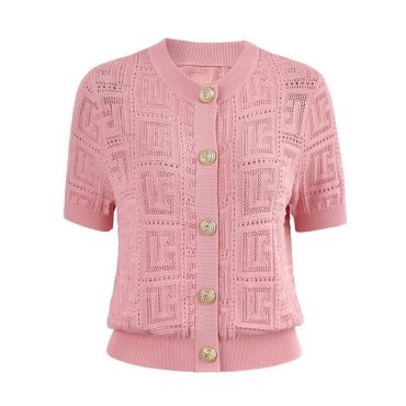 Knitting Short Sleeve Cardigan-Pink-L-China