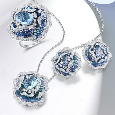 Luxury 925 Sterling Silver Blue Crystal and White CZ Flower Jewelry Set 