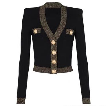 Knitted Slim Fit Cardigan with Gold Buttons-Black-L