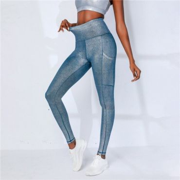 Metallic Yoga Leggings wide Side Pockets -Blue-XL