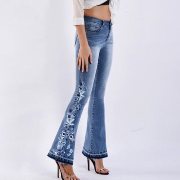 Flowers Embroidery Flare Jeans-Mint-S