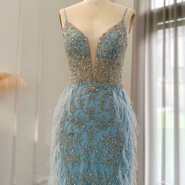 Luxury Feather Dubai-Beverly Hills Evening Dress-Blue-14-China