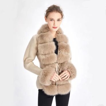 Knitted Cardigan with Faux Fur accent -Khaki-L