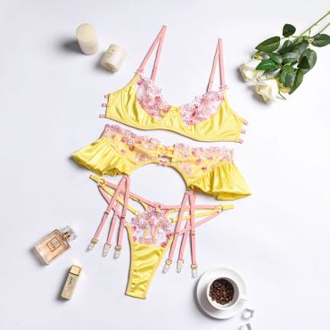 Dvicky Sexy Lingerie Underwear Women Hot Erotic Push Up Lace Bras Thong Transparent Floral Embroidery Brief Sets Female Clothes-YELLOW-S