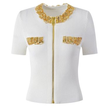 Knitted Gold Beaded Cardigan-White-S