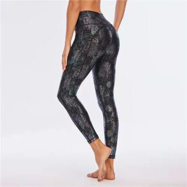 Metallic Leopard Print Yoga Leggings -Black-XL