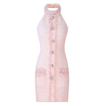 Rhinestone Pink Tweed Dress -Pink-XL-China