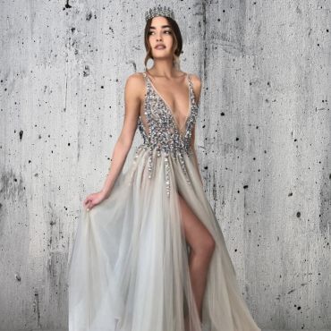 Beading Prom Dresses Long 2022 V Neck Light Gray High Split Tulle Sweep Train Sleeveless Evening Gown A-Line Backless Vestido De-Gray-14