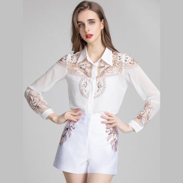 2 Piece Set Long Sleeve Embroidery Shirt and Shorts 