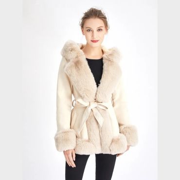 Belted Faux Fur Coat  Jacket-Beige-XL