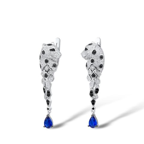 Luxury 925 Sterling Silver Leopard  Blue Cubic Zirconia Earrings 