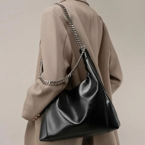 Split Leather Tote with Chain Strap